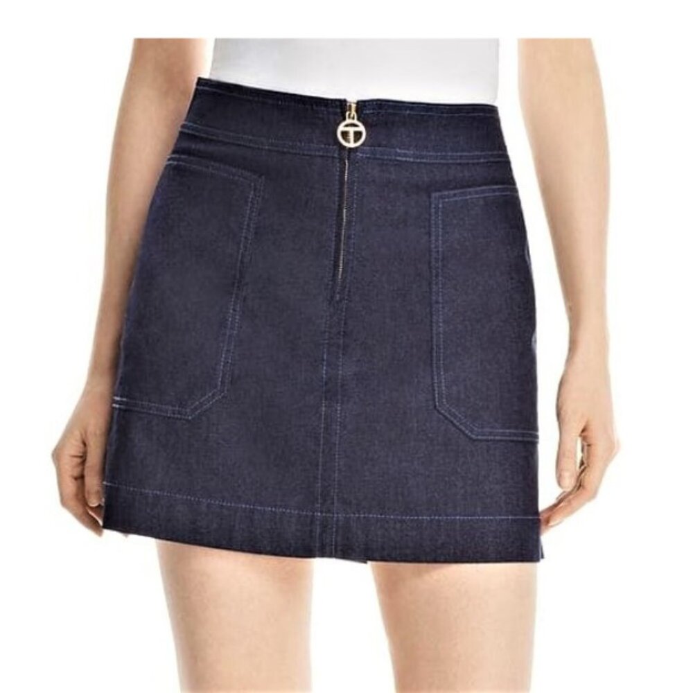Tory Burch Dark Indigo Denim Mini Skirt with Gold Zip Pull